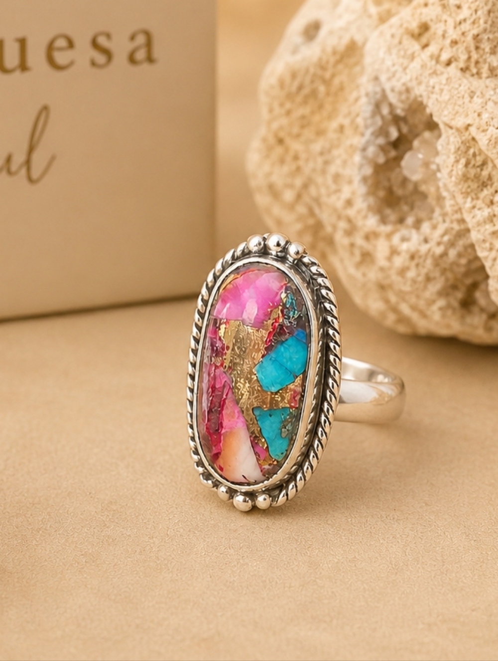 Pink Oyster Gold Turquoise Ring Size 6.5